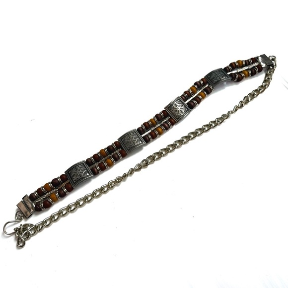 Vintage Western style beaded Silver and Brown chain belt western metal medallion - Picture 1 of 8